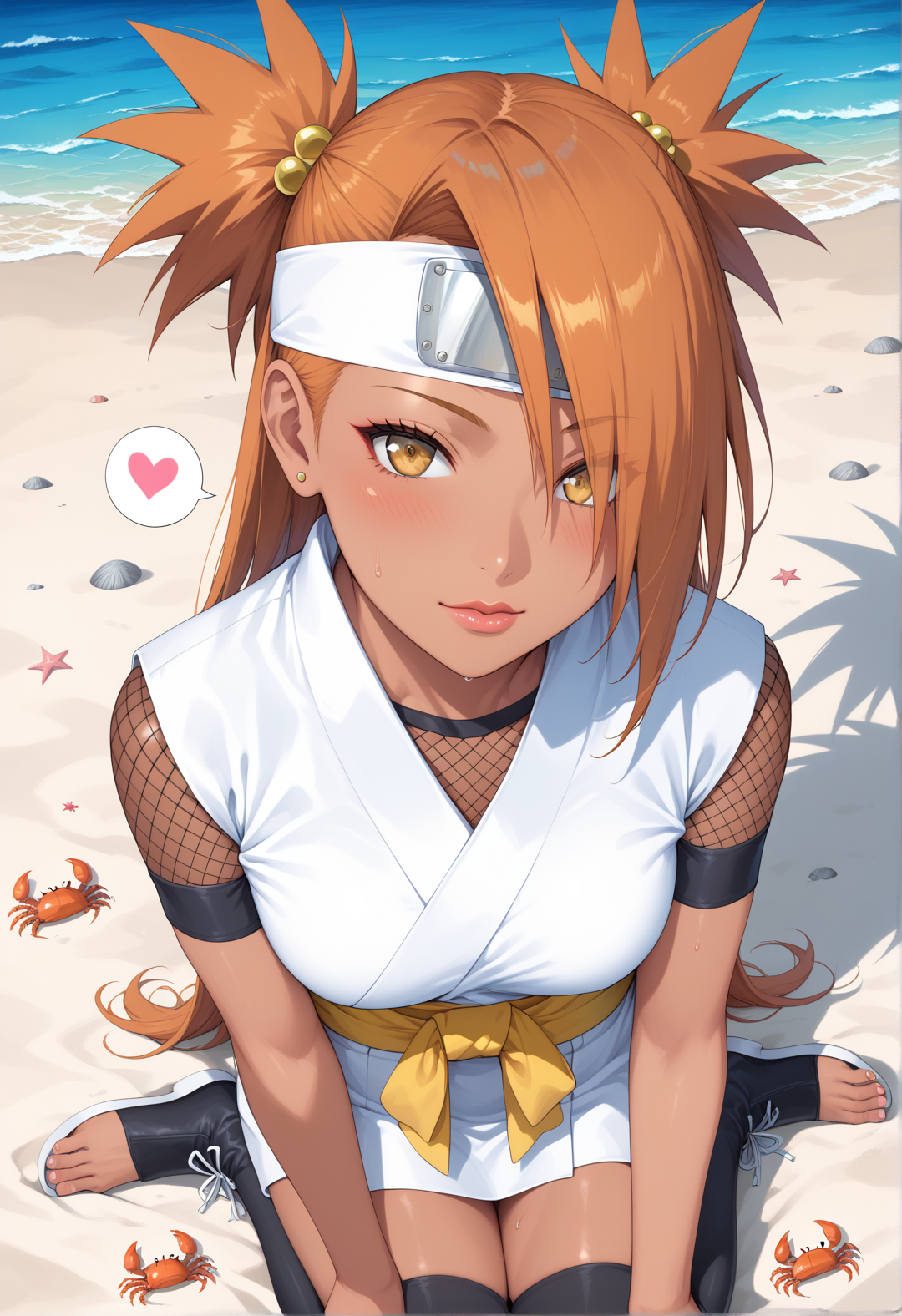 score_9, score_8_up, score_7_up, score_6_up,
source_anime, masterpiece, newest, Highly detailed, 1girl, 1boy, slender, innocent, chocho akimichi, chodef, forehead protector, beautiful face, (dark skin, dark skinned woman), sweat, orange hair, lip gloss, Mascara, two spiky ponytails, long hair, head tilt, shy, blush, hair over left eye, white kimono, sleeveless, (fishnet shirt), yellow sash, dark yellow ribbon, black arm warmer, toeless footwear, black thighhighs, asymmetrical perky teardrop-shaped boobs, athletic build, Seiza, looking at viewer, from above, pov shot, full body, spoken heart, heart, seagull, crab, coastline, outdoors, beach, dust, sandy air, golden hour, palm tree, wind, realistic shadows, <lora:Akimichi_Chocho_pony_rc4-000008:1>,
