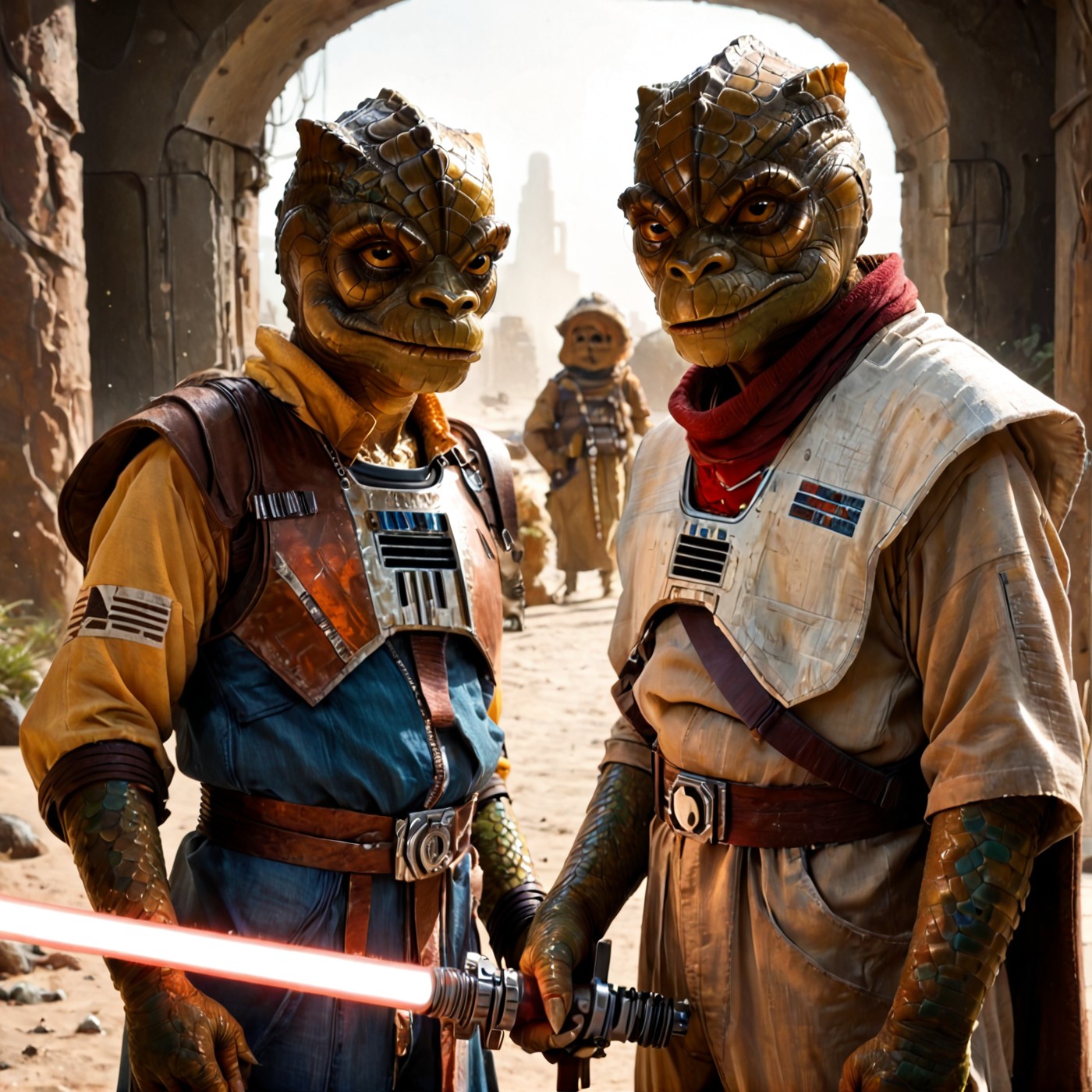 score_9,score_8,score_7,source_furry,
<solo:1.5>,
 trandoshan, trandoshan _starwars, alien,
trandoshan_starwars, trandoshan, alien, trandoshan _starwars, lightsaber, energy sword, alien, multiple boys, 2boys, male focus, weapon, sword, crossover, realistic,
 <lora:Trandoshan_Star_Wars_V2:1> trandoshan_starwars,