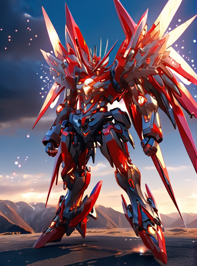 Arcana, clenched hands, glowing, mecha, mechanical wings, no humans, outdoors, red eyes, robot, science fiction, sky, solo, standing, wings
 <lora:Arcana_XL:0.85>