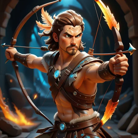 A fantastical and dynamic illustration depicts an intense moment where a male archer takes aim with an ornate bow. The warrior archer with glowing crytal scale on his chest, positioned on the right side of the frame, has metal buttons and tattoos high up on his arms. Her long hair is styled in two elegant buns at the back of her head. The archer's face is dramatically illuminated by the lighting coming from the left, emphasizing his focused expression as he holds the bow firmly in both hands. The wooden arch itself features detailed carvings along its body, extending diagonally across the image. An arrow with a feather on the back and a sharp stone on the end is ready to be shot. The background is immersed in fiery chaos, with swirling clouds of smoke and fire, floating embers and flying sparks. The scene is set against a dramatic backdrop of bright orange, yellow and brown hues, creating a sense of intense action and urgency. The overall style is highly detailed and realistic, capturing every aspect of the character's appeal and surrounding environment, with a color palette dominated by contrasting warm oranges, yellows, browns and deep blues .