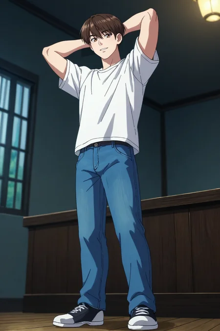 score_9, score_8_up, score_7_up,score_6_up,score_5_up,score_4_up,source_anime,BREAK, rating_safe, intricate details , , , anime screencap, anime coloring, official style, depth of field,1boy, solo, male focus , , , <lora:LeeJoon:0.81>,lee joon,brown eyes,brown hair,short hair,hair between eyes,bangs,shirt, standing, white shirt, short sleeves, parted lips,smile, pants, indoors,denim, t-shirt, arms behind head, jeans, blue pants, shirt tucked in,shoes,full body,from below,looking at viewer , , , <lora:sdxl_lightning_8step_lora_315544:1>