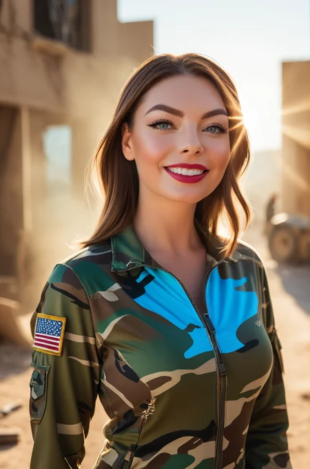 breathtaking Cinematic Shot, woman, Eyeliner, lipstick,Photo Focus, DOF, Aperture, insanely detailed and intricate, hyper realistic, super detailed,lens flare, At a War Zone,Wearing a skintight Camo Suit, smile <lora:Sonja_Carter_1_merge2:1> s0nj4 . award-winning, professional, highly detailed