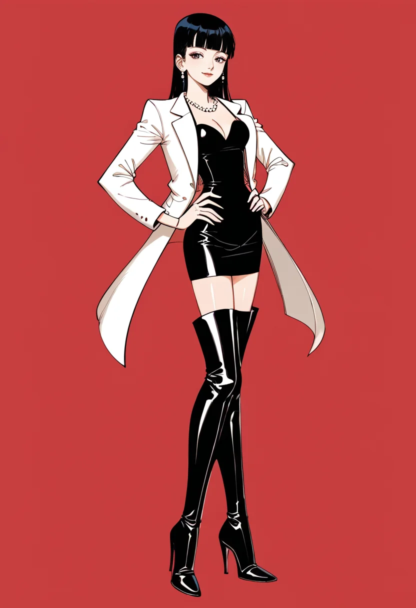 score_9,score_8_up,score_7_up,full body shot,simple background,red background,elegant,sexy,beautiful girl,k0tt3r1,1girl,solo,seductive pose,hand on own hip,head tilt,slight smile,black hair,long straight hair,hime cut,side blunt bangs,<lora:k0tt3r1XLP:1> BREAK white blazer,open jacket,black camisole,white high-waist skirt,belt,buckle,jewelry,ear piercing,necklace,cleavage,pantyhose,pantyhose under boots BREAK <lora:OBLK-000005:0.9>,(oblk,thigh boots,high heel boots,narrow stiletto heels,black footwear,shiny footwear,pointy footwear),