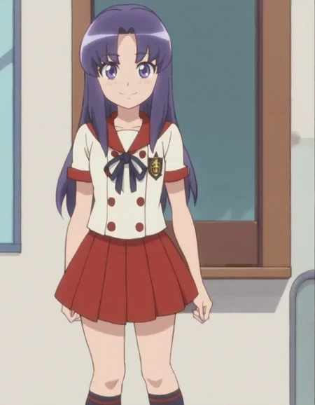 score_9, score_8_up, score_7_up, anime screencap, solo,1girl,hikawaiona,school uniform,skirt, serafuku, socks, smile, kneehighs, red skirt,looking at viewer,cowboy shot, blush,<lora:hikawaiona:0.8>