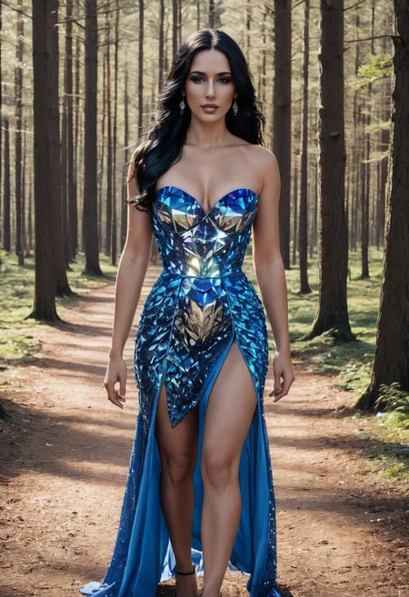 (score_9, score_8_up, (((realism, photograph), (photorealistic), realistic)), intricate detail), (soft lighting, sunset lighting), (beautiful woman, sexy woman, young woman, 20 years old, Celtic woman, (slender woman:1.7)), (detailed face:1.2), (smooth hair, long hair, black hair:1.8), ((cobalt blue, crystalline dress:1.1), (sleeveless, bare arms, strapless)), (cleavage:1.6), walking in a forest, 8k uhd, dslr, high quality, film grain, Fujifilm XT3