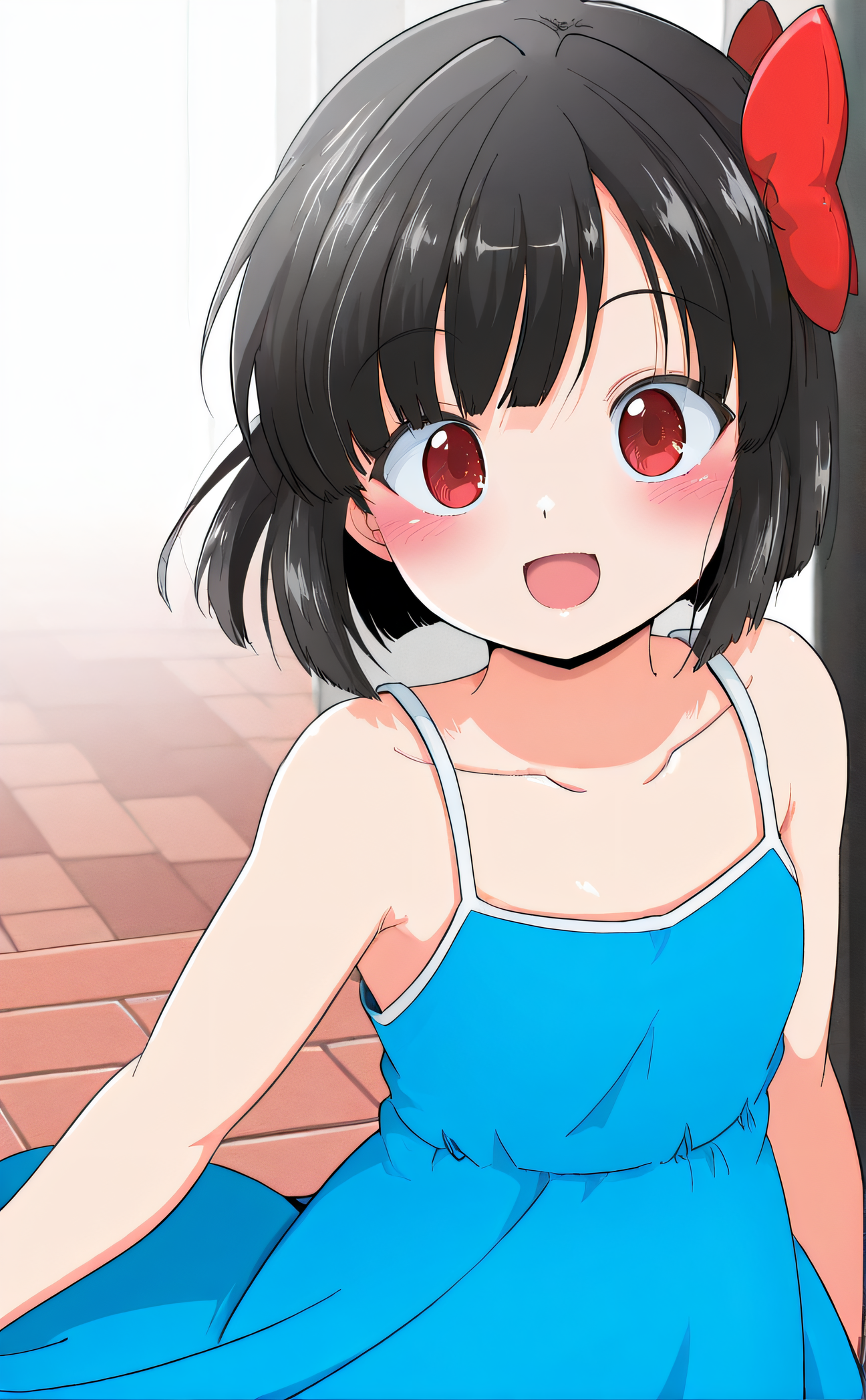 masterpiece, best quality, 1girl, solo, original artstyle, official artstyle, <lora:MikazukiNeko:1>, mikazukineko, dress, blush, black hair, short hair, open mouth, red eyes, hair bow, blue dress, smile, red bow, collarbone, sleeveless dress, bangs, sleeveless, looking at viewer, sundress, bare shoulders