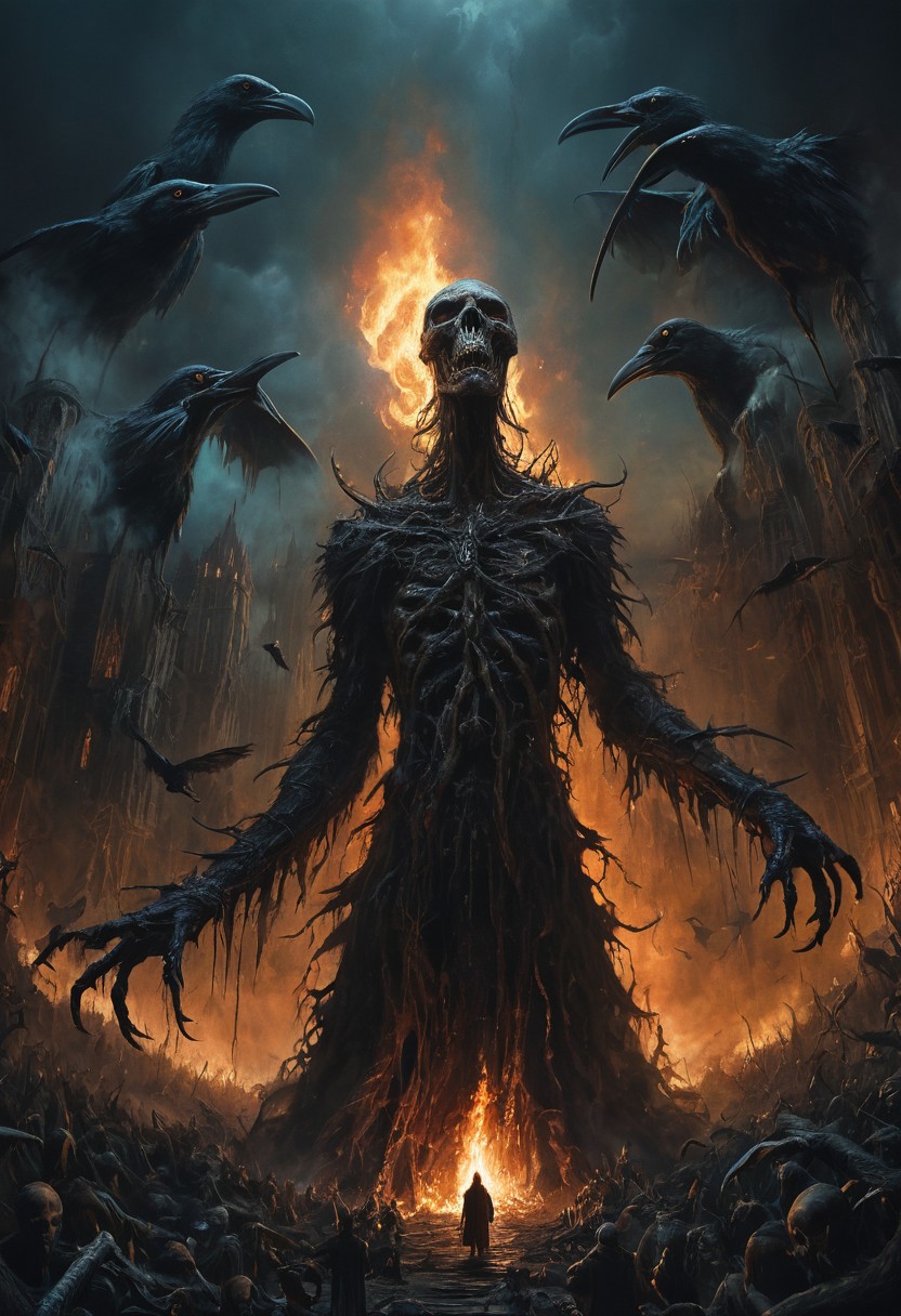 dream liminal space, strange land, abstract, folk horror, movie and character design, moody, (giant strange warped creature:1.1),giant, torches, flock of crows,creepy glow,epic scale,grandeur, gothic post-apocalyptic impressionism,mysterious,paranormal, Ivan Albright,Dragan bibin,nicola samori, looking up from below, (gopro shot:1.3),eerie,eldritch, unsettling, creepy, suspenseful, grim, highly detailed