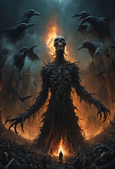 dream liminal space, strange land, abstract, folk horror, movie and character design, moody, (giant strange warped creature:1.1),giant, torches, flock of crows,creepy glow,epic scale,grandeur, gothic post-apocalyptic impressionism,mysterious,paranormal, Ivan Albright,Dragan bibin,nicola samori, looking up from below, (gopro shot:1.3),eerie,eldritch, unsettling, creepy, suspenseful, grim, highly detailed