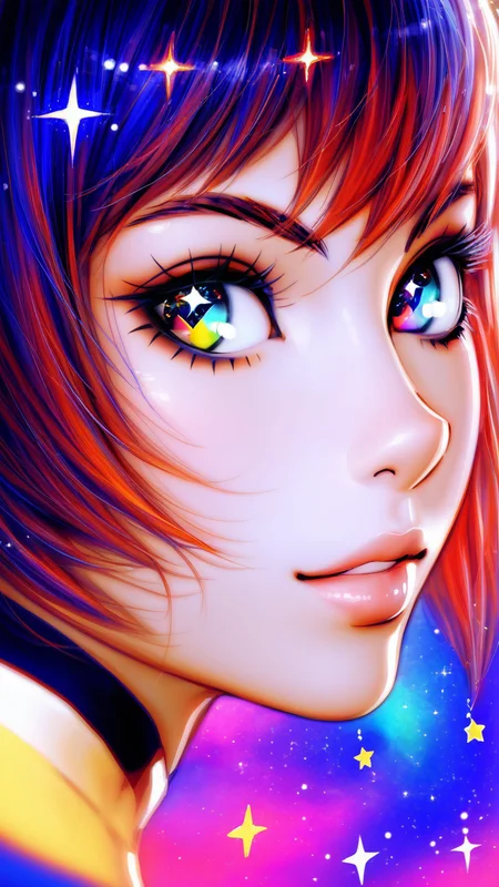 Kuvshinov_Ilya, niji3d, aromasensei, 748cm, beitemian, wlopwangling, ttguweiz, fugtrup, score_9, score_8_up, score_7_up, A little anime boy with close - up eyes, sparkling eyes, close - up, two eyes looking forward, long eyelashes, bangs, surrounded by many colorful stars, brilliant colors, meteors, MilkyWay, colorful star clusters, close - up shots, oil painting style, very obvious oil painting minimalist palette style, 32k uhd, beautiful booru, old era, color manga