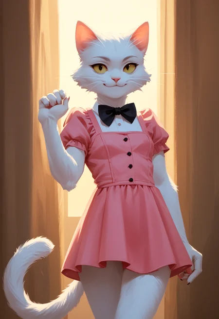 score_9, score_8_up, score_7_up, score_6_up, score_5_up, score_4_up, source_furry, sharp focus, high contrast, artistic
(pencil drawing)
BREAK
1girl, solo, looking at viewer, confident smile, short sleeves, small dress, closed mouth, standing, tail, hand up, bowtie, pink dress, furry, cat girl, furry female
BREAK
<lora:noline:1>
