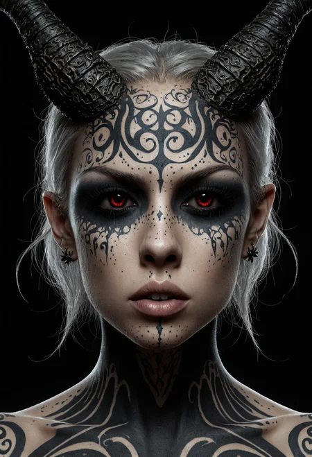 Horror-themed  famous artwork by (clive barker:1.3) and (carl critchlow:1.2), (dramatic scene:1.4), (fractal art:0.4), dynamic angle,
female [fox:orc <lora:WB2.2:1>:.2] looking Skeptical, Raised eyebrows and a slightly pursed mouth. into the camera<lora:sigil:1>, sigil face tattoo <lora:add-detail-xl:3>   . Eerie, unsettling, dark, spooky, suspenseful, grim, highly detailed