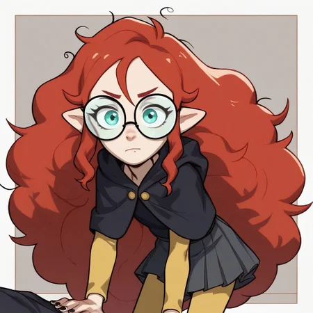score_9, score_8_up, score_7_up, score_6_up, score_5_up, score_4_up,
pointy ears, messy hair, hair between eyes, young lilith, sidelocks, red hair, curly hair, very long hair, aqua eyes, black nails,round black glasses,school uniform, grey shirt, capelet, yellow sleeves, grey skirt, yellow leggings