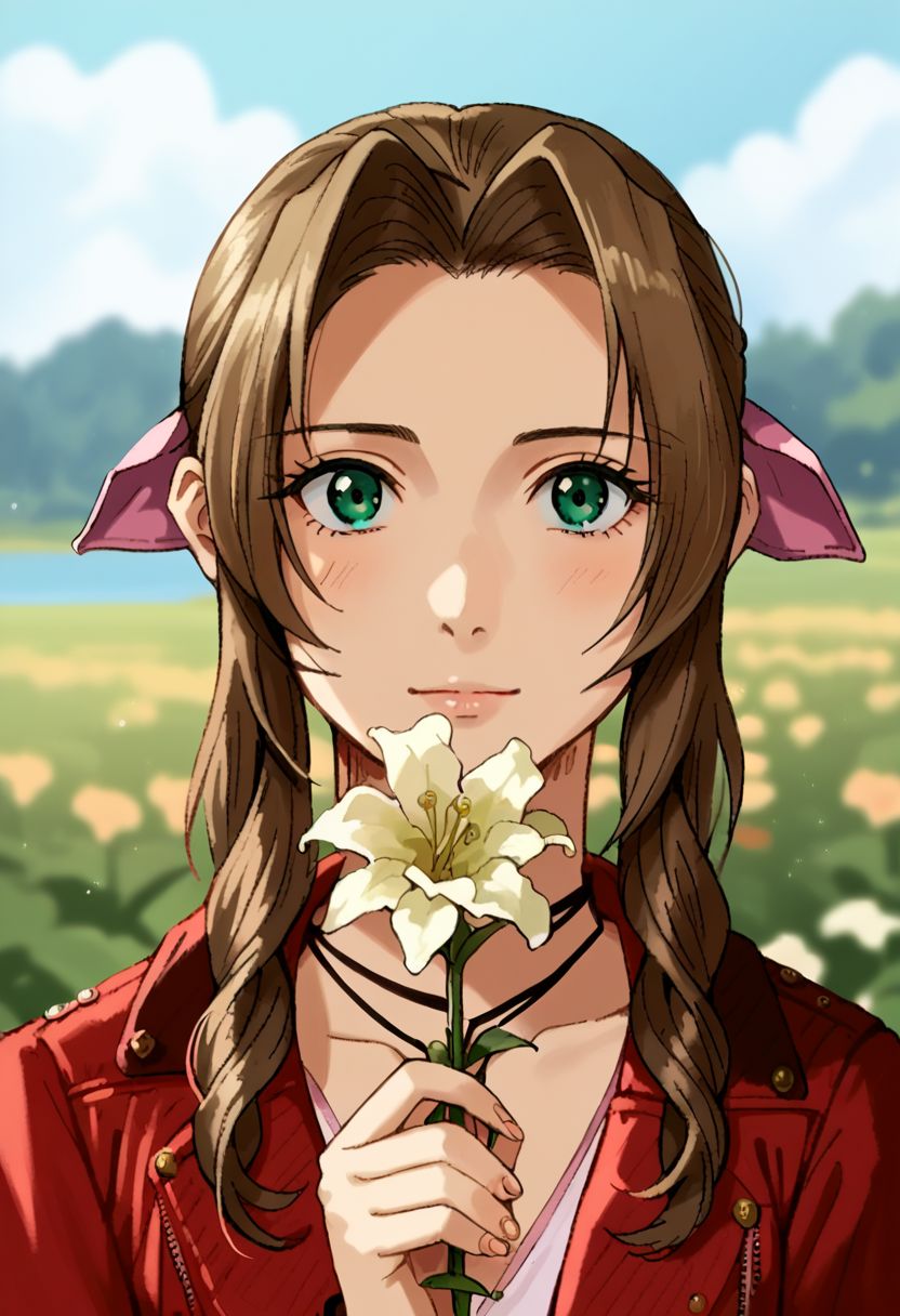 Bpb1,source_anime,2d,Score_9, score_8_up, score_7_up, score_6_up ,aerith, 1girl, solo, brown hair, flower, green eyes, looking at viewer, holding, holding flower, red jacket, long hair, jacket, portrait, blurry background