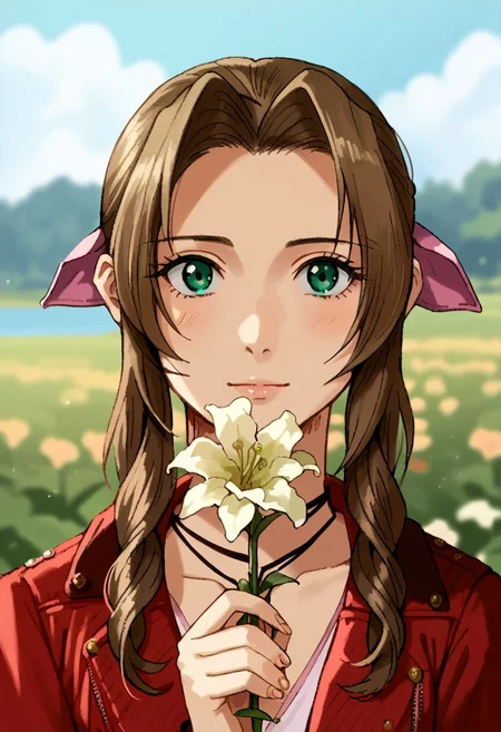 Bpb1,source_anime,2d,Score_9, score_8_up, score_7_up, score_6_up ,aerith, 1girl, solo, brown hair, flower, green eyes, looking at viewer, holding, holding flower, red jacket, long hair, jacket, portrait, blurry background