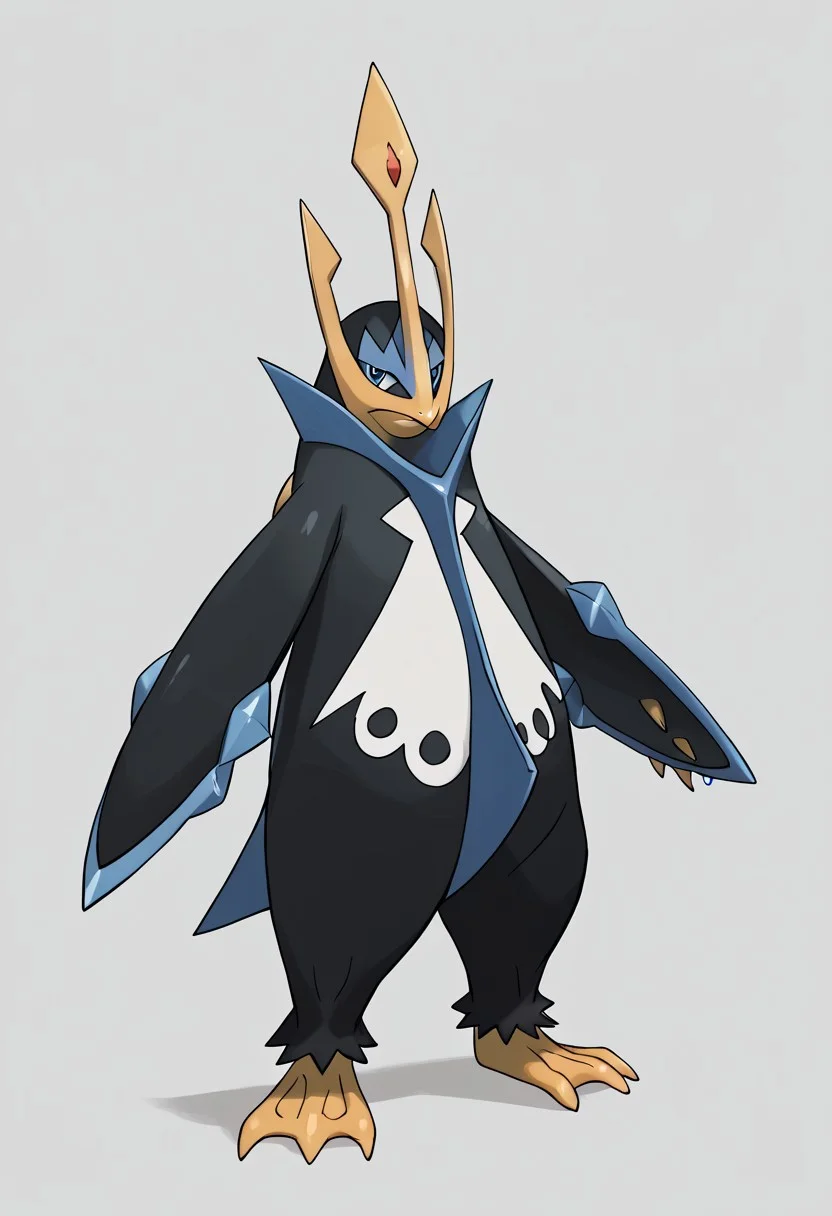 (score_9, score_8, score_7), masterwork, masterpiece, best quality, emperor01, large penguin, dark navy blue body with light blue accents, sharp yellow beak, golden trident-shaped crest on head, wide flipper-like arms with blue blade edges, white chest with six black circular markings in two rows, yellow webbed feet with claws, short pointed tail,PokeStyleMix