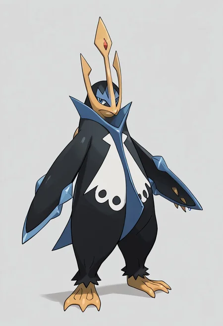 (score_9, score_8, score_7), masterwork, masterpiece, best quality, emperor01, large penguin, dark navy blue body with light blue accents, sharp yellow beak, golden trident-shaped crest on head, wide flipper-like arms with blue blade edges, white chest with six black circular markings in two rows, yellow webbed feet with claws, short pointed tail,PokeStyleMix