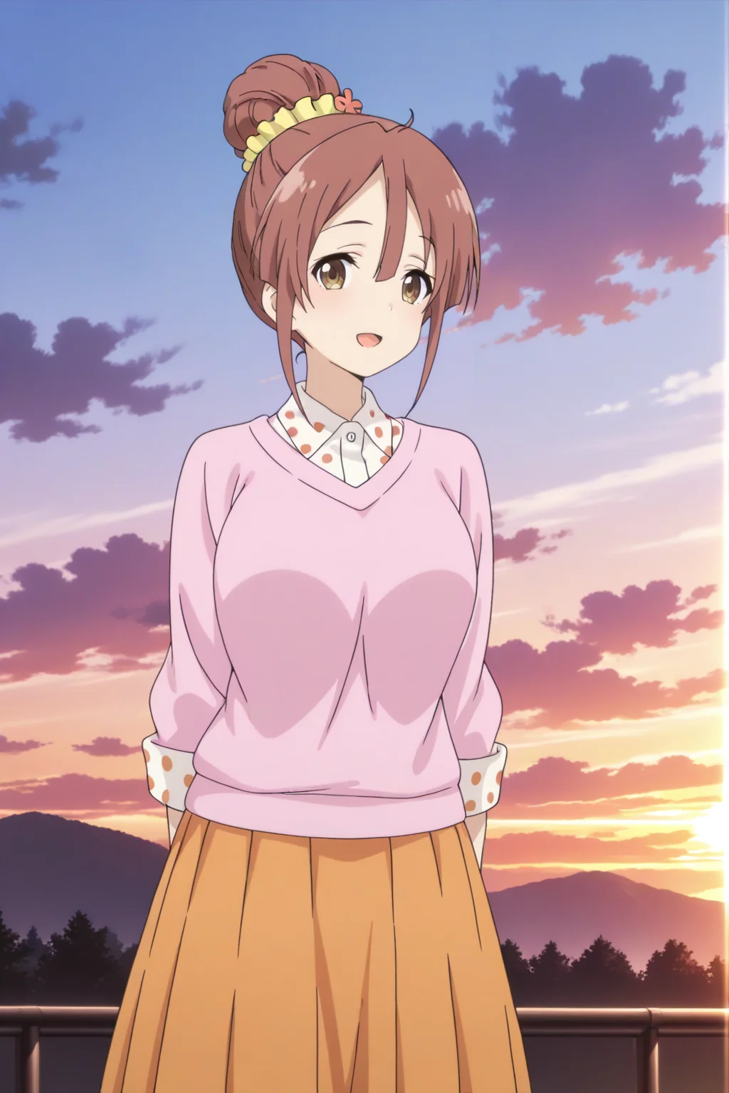 anime screenshot, 1girl, solo, shinomiya shiori, brown hair, single hair bun, yellow scrunchie, hair scrunchie, hair flower, brown eyes, large breasts, pink sweater, white shirt, collared shirt, polka dot shirt, long sleeves, orange skirt, pleated skirt, long skirt, looking at viewer, smile, open mouth, cowboy shot, outdoors, sunset, masterpiece, best quality, high quality, highres, absurdres, <lora:shinomiya_shiori_ILXL:0.9>