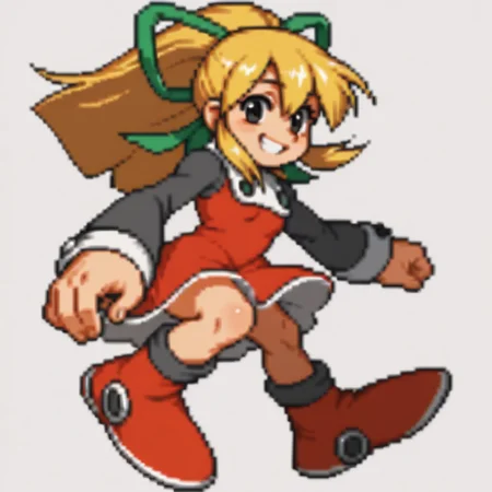 score_9, score_8_up, score_7_up BREAK RollMvC, 1girl, blonde hair, ponytail, black eyes, green ribbon, white collar with black buttons, red dress, long gray sleeves, white cuffs, red white boots, cowboy shot, closeup, smiling at viewer,