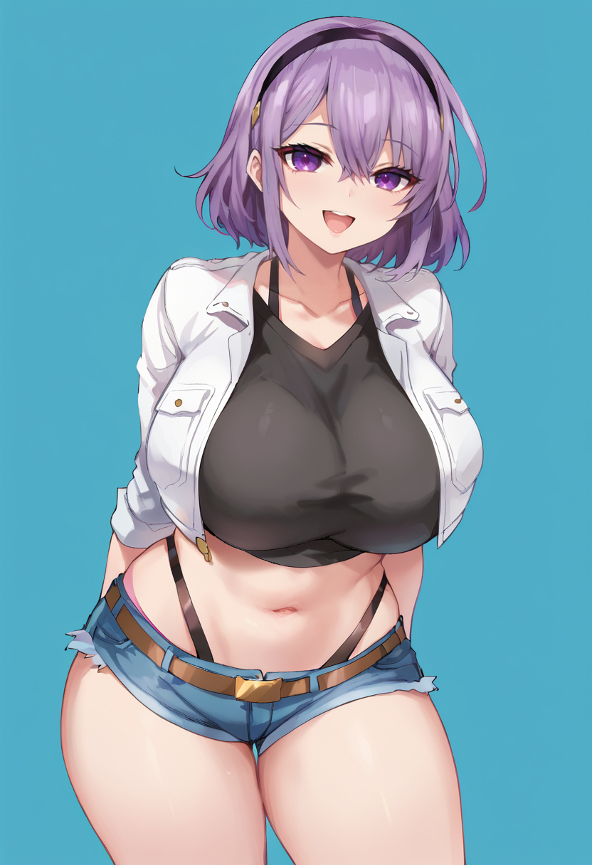score_9, score_7_up,  1girl, 
solo, huge breasts, wide hips, thick thighs, black shirt, purple hair, white jacket, hairband, looking at viewer, thighs, belt, arm behind back, denim shorts, open jacket, shirt, panty straps, cutoffs, blue background, open mouth, navel, v-neck, denim, open clothes, breasts, cropped jacket, :d, jacket, smile, purple eyes, shorts, cowboy shot, crop top
 <lora:shiodome_oji-Style-PonyXL-GLoRA:1>