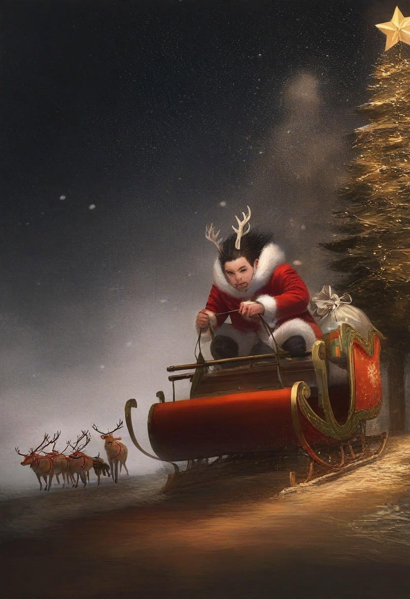 realistic shading, natural lighting, male focus, black hair, male eyes, manly, 1boy, sleigh, reindeer, christmas, leash, intricately detailed illustration, depth of field, atmospheric perspective, masterpiece, best quality, amazing quality, very aesthetic, absurdres, newest