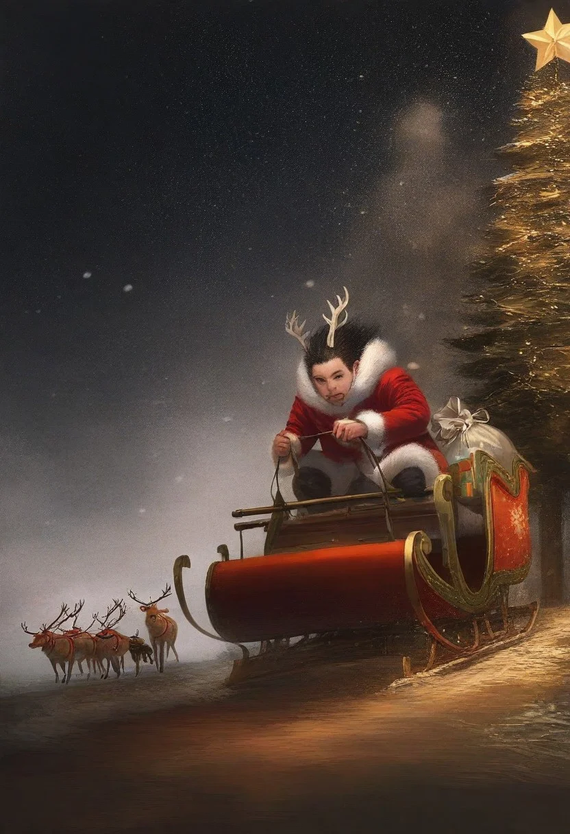 realistic shading, natural lighting, male focus, black hair, male eyes, manly, 1boy, sleigh, reindeer, christmas, leash, intricately detailed illustration, depth of field, atmospheric perspective, masterpiece, best quality, amazing quality, very aesthetic, absurdres, newest
