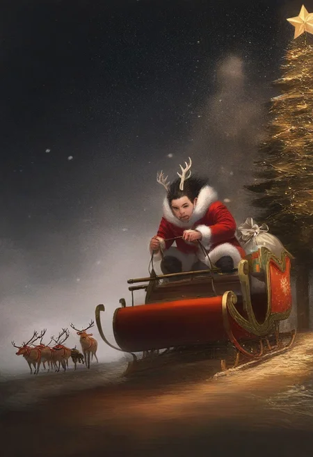 realistic shading, natural lighting, male focus, black hair, male eyes, manly, 1boy, sleigh, reindeer, christmas, leash, intricately detailed illustration, depth of field, atmospheric perspective, masterpiece, best quality, amazing quality, very aesthetic, absurdres, newest