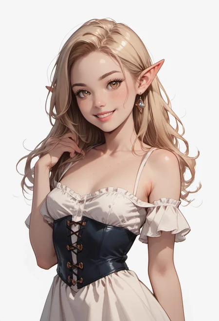 masterpiece,best quality, highly detailed,score_9, score_8_up, score_7_up, solo, 1girl, masterpiece, detailed, elf ears, beautiful hazel eyes, slim fit, slim body, pale blonde hair, wearing a cute corset style sundress, looking at viewer, happy smile, blush, top falling off shoulder, partially exposed breast, cute, small breasts,
white background, cowboy shot