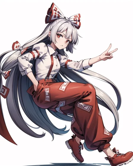 <lora:mokou:1.0>,1girl, absurdly_long_hair, baggy_pants, bangs, bow, floating_hair, fujiwara_no_mokou, full_body, hair_bow, long_hair, looking_at_viewer, ofuda, pants, puffy_sleeves, red_eyes, red_footwear, red_pants, shirt, shoes, silver_hair, simple_background, solo, suspenders, very_long_hair, white_background, white_bow, white_shirt, <lora:add_detail:0.65>, masterpiece, best quality, perfect composition,