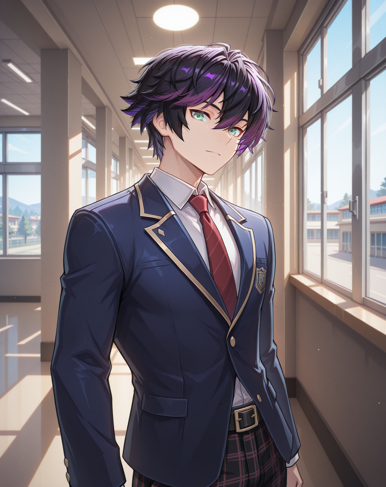 masterpiece,best quality,amazing quality, newest, very aesthetic, absurdres,
1boy, solo, yaoi, male focus, looking at viewer, cowboy shot,
<lora:Sieghart_T_Default_ilxl:1> siegtdefault, black hair, multicolored hair, purple hair,hair between eyes, short hair, grey eyes,
school uniform, white shirt, collared shirt, blue jacket, red necktie, black pants, plaid pants,
indoors, school, hallway, window, day, sun,