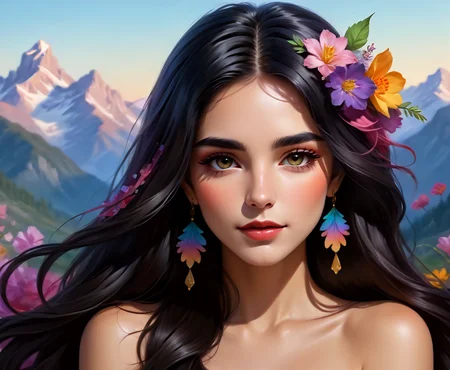 (cash:1.16), (francisco martín \(artist\) inspired artwork:1.19), (long flowing dark hair composition:1.14), nail art, long glowing colourful hair, moutains, flowers on heir cheeks