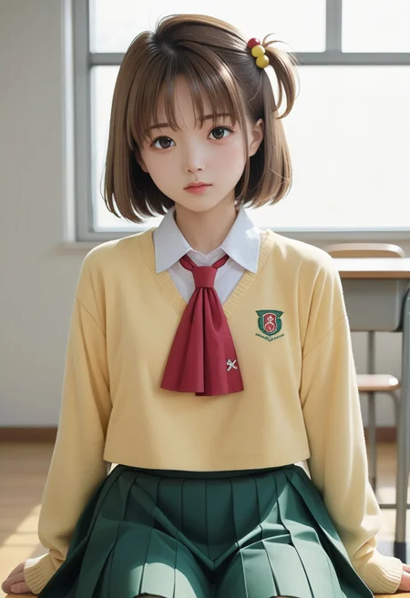 <lora:pony_xl_hitomi:0.8>,hitomi,score_9,score_8_up,score_7_up,source_anime,1girl,hair ornament,school_uniform,yellow sweater,long sleeves,sleeves past wrists,collared_shirt,red ascot,green skirt,black kneehighs,classroom,looking_at_viewer,sitting_on_chair,expressionless,hair ornament, short hair , one side up,