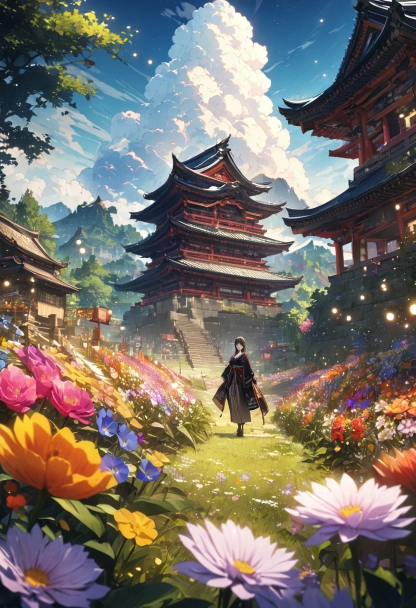 gorgeous lips, (masterpiece), (best quality), (ultra-detailed), very aesthetic, illustration, perfect composition, intricate details, absurdres, detailed face, (anime, masterpiece, intricate:1.3), (best quality, hires textures, high detail:1.2), (4k),(incredibly detailed:1.4) 
(((Best quality))), (((Ultra detailed))), ((((vivid)))), landscape, (((fireflies, particles))), (((flower garden, colorful flowers, beautiful flowers))), ((blue sky, cumulonimbus)), <lora:more_details:0.5>, 1girl, samurai, temple on a hill