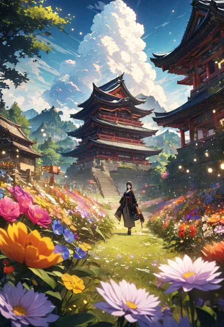 gorgeous lips, (masterpiece), (best quality), (ultra-detailed), very aesthetic, illustration, perfect composition, intricate details, absurdres, detailed face, (anime, masterpiece, intricate:1.3), (best quality, hires textures, high detail:1.2), (4k),(incredibly detailed:1.4)
(((Best quality))), (((Ultra detailed))), ((((vivid)))), landscape, (((fireflies, particles))), (((flower garden, colorful flowers, beautiful flowers))), ((blue sky, cumulonimbus)), <lora:more_details:0.5>, 1girl, samurai, temple on a hill