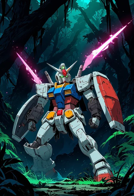 animeniji, anime, niji, 2D flat anime, NijiCreature, Gundam_00_Style, (Style: Gundam_00), science_fiction, anime, dark and neon, large sword and shield, dynamic pose, gundam in jungle setting, detailed jungle,