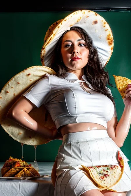 1girl, dripping, (white slime:1.3), white cheese, kneeling, realistic, pretty, closeup, office, office uniform, pencil skirt, (white skirt:1.8), (eating a taco), (huge taco:1.6), (looking at viewer:1.5), (dimly lit:1.4), fashion photography, intricatedetails, taco with cheese, mariachi band in background,  (green slime sauce)