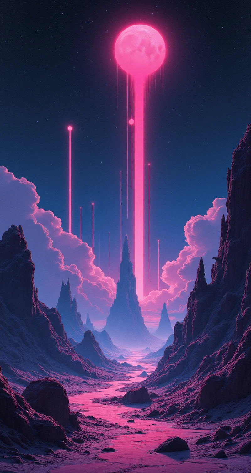 Monochrome with color, retro scan of 80s-anime-ai spectral neon Gradient ascii_art, a 80s Sci-fi Ethereal. Dark space, 80`s sci-fi book artwork, lofi, neon-pastel colors, grainy, vintage
Create a vivid description of a distant planet in the universe where enormous structures are visible from space, towering over the landscape in an awe-inspiring display.