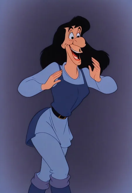 DukeIgthorn, retro artstyle, solo, black hair, long hair, black eyes, big nose, BBN, light blue sleeves, long sleeves, light blue pants, blue tunic, dark blue boots, black buckle belt, smile, open mouth, masterpiece, best quality, sensitive, 1girl, solo, looking at viewer, (dynamic pose:1.4), female body, genderswap (mtf), genderswap, ,, retro artstyle, gender transformation