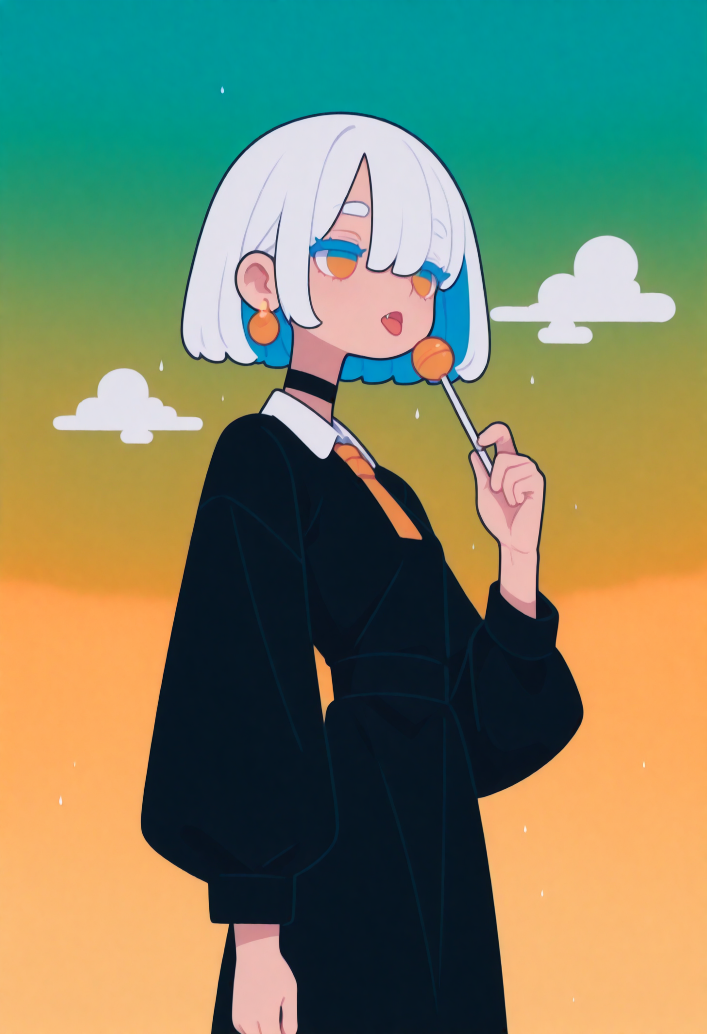 masterpiece, best quality, good quality, very aesthetic, absurdres, newest, 8K, from side  BREAK 
side portrait of stunning girl standing, bangs, white hair, multicolored hair, bobcut hair, 
pastel cyan eyes, choker, hair over one eye, 
small breasts, earrings, ear pierces, 
ultra detailed decorative victorian gossamer clothes, very short tight black maid dress, maid apron,  
cozy hotel room in pastel gradient background with extremely thick white border,
BREAK 
half closed eyes, unfocused eyes, 
subtle fangs peeking out from slightly parted lips, tongue loosely hanging out,
distant gaze, emotionless look, looking away, white thick eyelashes, white long eyelashes,
(holding a lollipop with right hand, licking a lollipop),
(storming), strong wind, cloudy, 
ultra-realistic, Flatline, Flat vector illustration, haiz_ai, no lineart, no outline,  rain,
heavy-rain, modern fence in background, clouds, very smoky, ukiyo-e,
<lora:Rain (Illustrious) v1:0.5> <lora:ponyv6_noobE11_2_adamW:0.25> <lora:haiz_ai_illu:0.8> <lora:flatline:1.65>   <lora:Ukiyo-e:1>