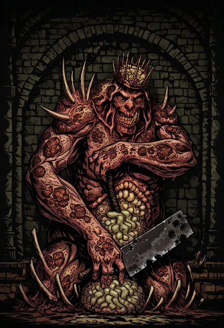 masterpiece, best quality, newest, absurdres, highres,
TTCSV1.0,
DDWarrens-BGV1.0, dark, scenery, indoors,
1boy,
DD-SwinemanV1.0-SGod, monster, giant, axe, butcher's axe, brain, crown, rotten flesh, horror (theme), spiked, huge weapon, horns,