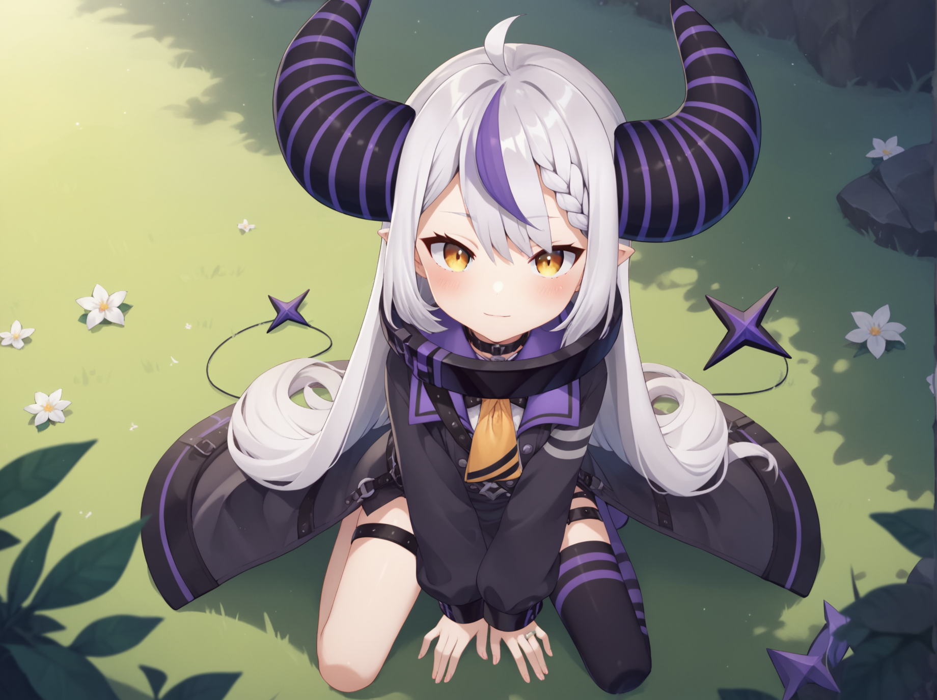 <lora:LaplusV1Pony:0.9>, laplusvt, 1girl, looking at viewer, kneeling, single thighhigh,, score_9, score_8_up, score_7_up