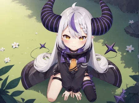<lora:LaplusV1Pony:0.9>, laplusvt, 1girl, looking at viewer, kneeling, single thighhigh,, score_9, score_8_up, score_7_up