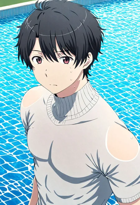 high resolution, solo, best quality, 1Boy, Inaho Kaizuka, Black Hair, swimming pool, swim, shirtless, sixpack, shorts, looking at viewer, OverallDetail