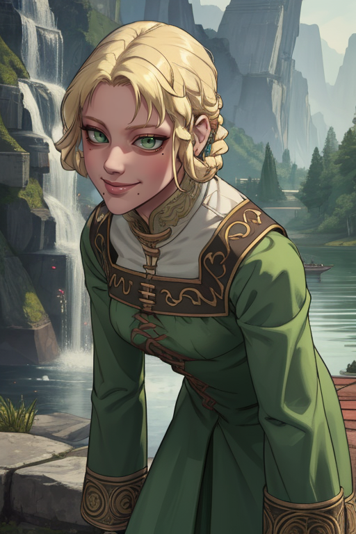 Rya, blonde hair, hair rings ,twin braids,green eyes,mole under mouth , smile,  solo,   tired, 
Zorayas, green dress, long sleeves, 
(insanely detailed, beautiful detailed face,beautiful detailed eyes, masterpiece, best quality)
lake, 
 <lora:RyaZorayas:0.8>