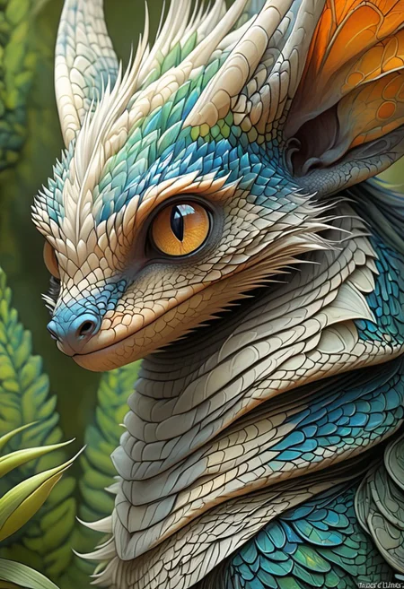Produce a visually striking, masterpiece of wildlife portrait_futurism of a hybrid creature, combining the vibrant, intricate scales of a colorful Dragon Fire, Blue scales with the endearing features of a cute chibi aye-aye. The hybrid creature's skin boasts a kaleidoscope of rich, iridescent hues, ranging from deep emerald greens to shimmering sapphire blues, creating a mesmerizing display of color and texture. Its eyes, large and expressive like those of an aye-aye, exude a sense of innocence and curiosity, framed by long, fluffy lashes that add a touch of whimsy to the creature's appearance. The creature's slender fingers, tipped with delicate claws, exhibit a surprising dexterity and grace, while its tail, adorned with intricate patterns reminiscent of exotic reptilian scales, coils elegantly around its body. The vivid contrast between the lizard's reptilian features and the aye-aye's endearing characteristics results in a captivating, one-of-a-kind creature that effortlessly blends beauty and charm.
