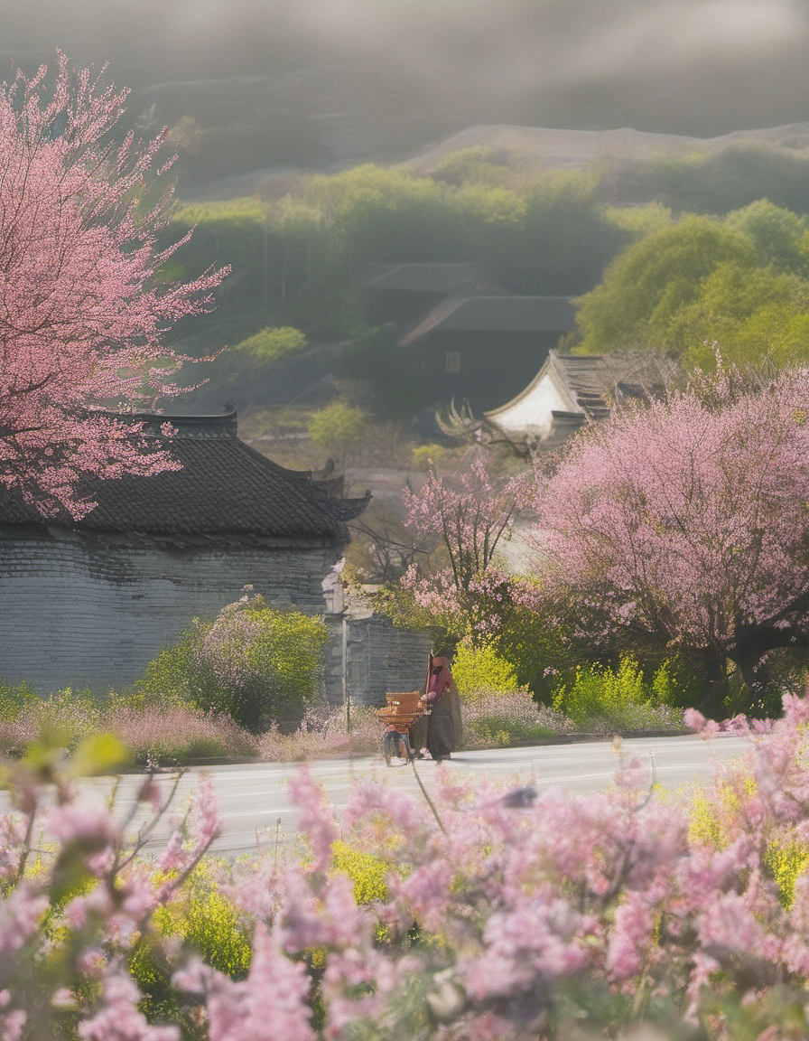 XLCNYoucaiHK,A vibrant photograph captures a woman in a wide-brimmed hat and pink jacket walking through a sea of bright yellow rapeseed flowers. She carries a small basket. The background features traditional Japanese architecture with tiled roofs and cherry blossom trees, set against misty, sunlit mountains. The scene exudes a serene, picturesque countryside ambiance.
<lora:20250330-1743320668957:0.8>,