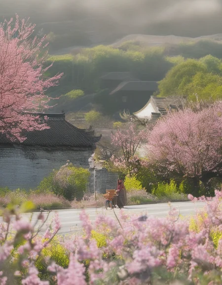 XLCNYoucaiHK,A vibrant photograph captures a woman in a wide-brimmed hat and pink jacket walking through a sea of bright yellow rapeseed flowers. She carries a small basket. The background features traditional Japanese architecture with tiled roofs and cherry blossom trees, set against misty, sunlit mountains. The scene exudes a serene, picturesque countryside ambiance.
<lora:20250330-1743320668957:0.8>,