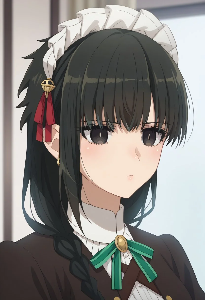 score_9, score_7_up, source_anime, 
yokoya, 1girl, solo, black eyes, black hair, braid, maid headress, jewelry, earrings, maid, shirt, white shirt, ribbon, neck ribbon, jacket, black jacket, portrait
indoor,