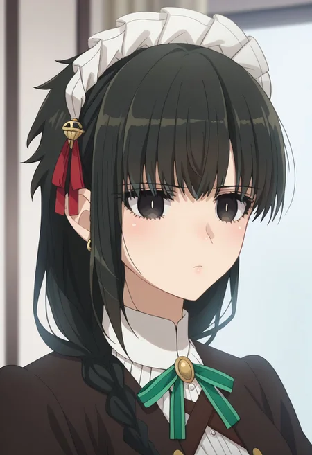 score_9, score_7_up, source_anime,
yokoya, 1girl, solo, black eyes, black hair, braid, maid headress, jewelry, earrings, maid, shirt, white shirt, ribbon, neck ribbon, jacket, black jacket, portrait
indoor,