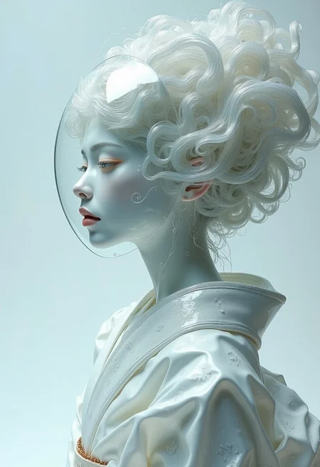 A geisha in Sorayama style with a thick layer of clear glass head and face, flowing fractal beneath the surface, elegant kimono pose made of glass, white angelic scene, futuristic, <lora:models\Flux\Elden_Ring_-_Yoshitaka_Amano:0.75>,,