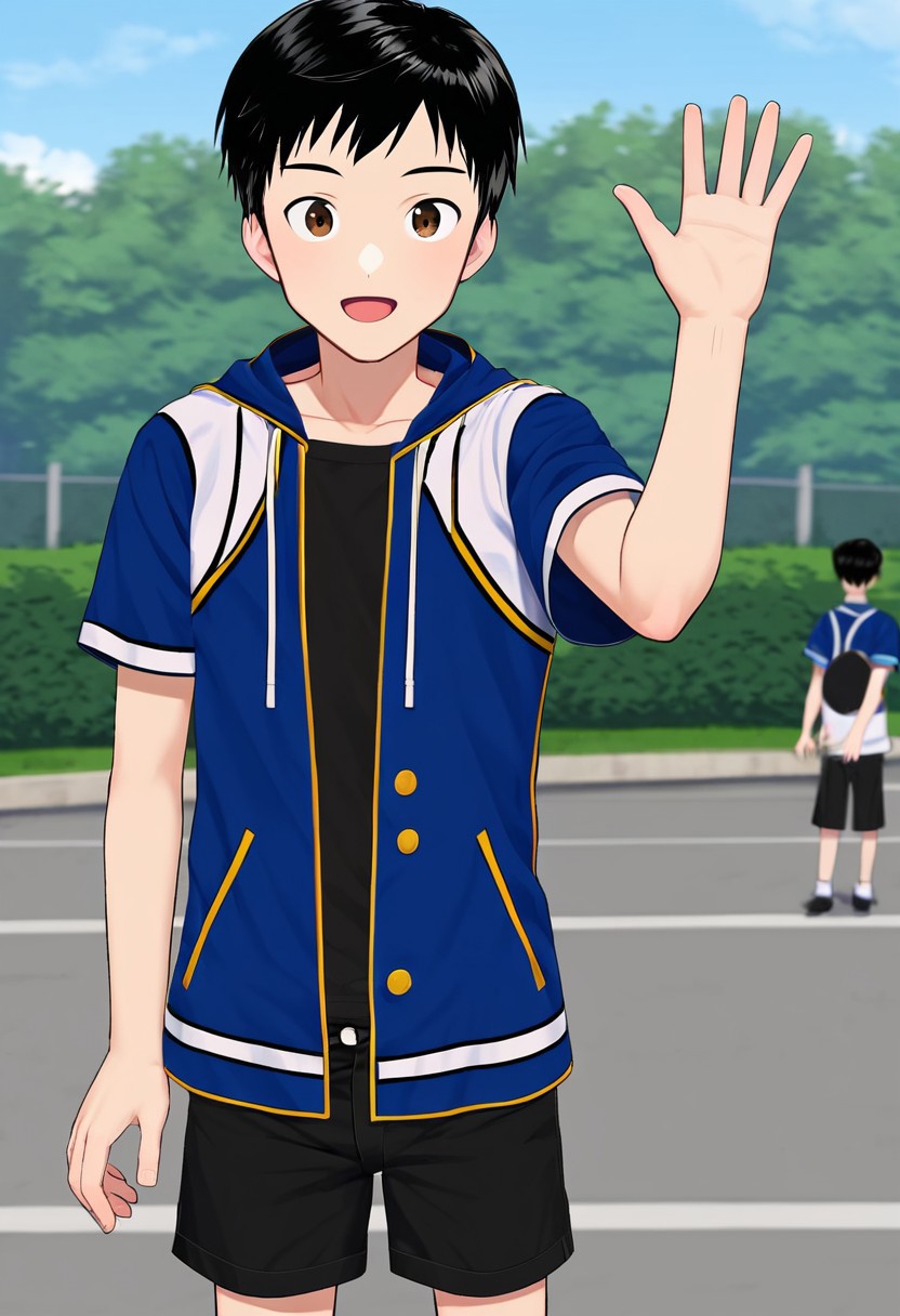 harmard, black hair, short hair, brown eyes, 1boy, solo, solo focus, wear open clothes, short sleeve, blue clothes, half clothes, wear black shorts, outdoor setting, right hand waving gesture